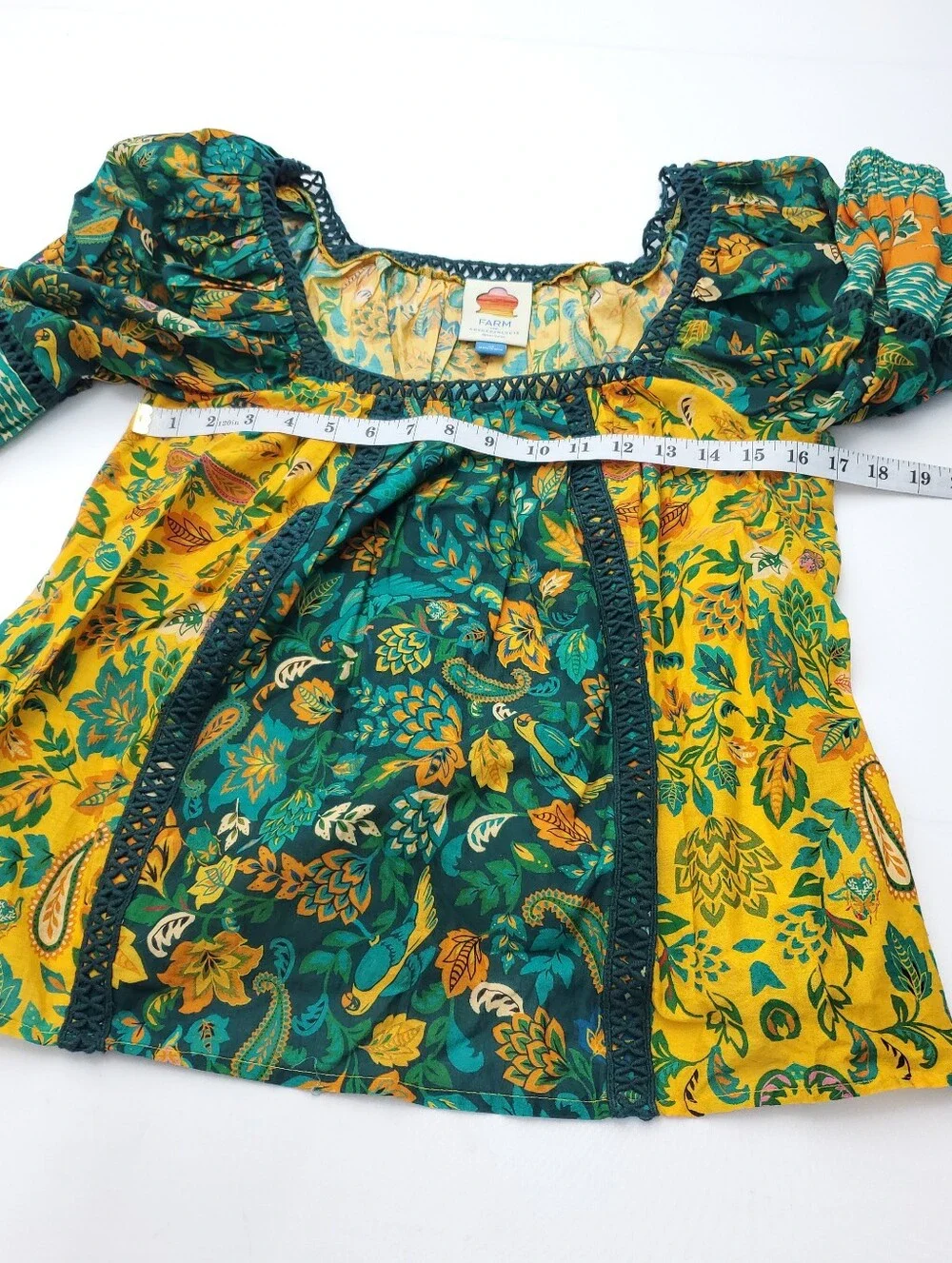 Farm Rio x Anthropologie Lace Inset Peasant Blouse Puff Sleeve Cotton Top Sz XS